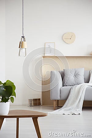 Handmade lamp hanging in white living room interior with fresh p Stock Photo