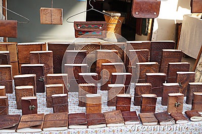 Handmade leather notebook, Books and agendas outside at a shop for sale. Souvenir shop with handmade leather bags and accessories Stock Photo