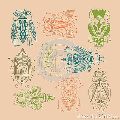 handmade liner drawing of ethnic beetle in flat style, line art Vector Illustration