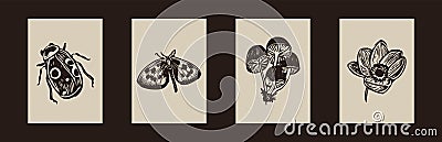 Handmade linocut bug, butterfly motif clipart in folkart scandi style. Set of simple monochrome block print mushroom Vector Illustration