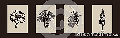Handmade linocut bug, mushroom motif clipart in folkart scandi style. Set of simple monochrome block print butterfly Vector Illustration