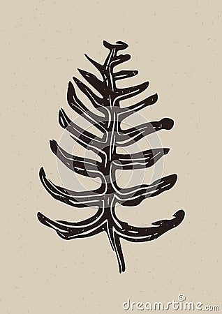 Handmade linocut fern motif clipart in folkart scandi style. Simple monochrome block print leaf shapes with woodcut Vector Illustration