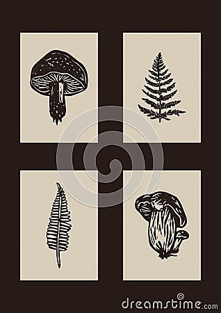 Handmade linocut mushroom fern motif vector clipart in folkart scandi style. Set of simple monochrome block print fern Vector Illustration