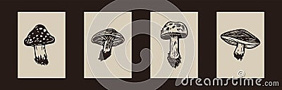 Handmade linocut mushroom vector motif clipart in folkart scandi style. Set of simple monochrome block print shapes with Vector Illustration