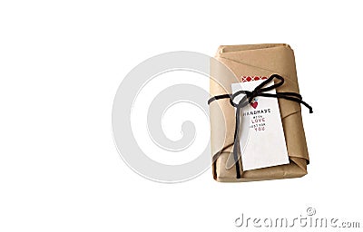 handmade with love just for you tag and craft paper wrap packaging box isolated Stock Photo