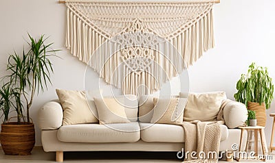 Handmade macrame decoration on empty wall of light beige living room above the sofa Stock Photo