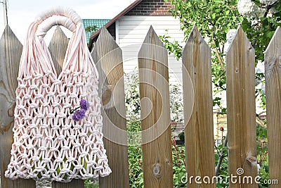 Handmade macramÃ© string bag handmade weaving threads Stock Photo