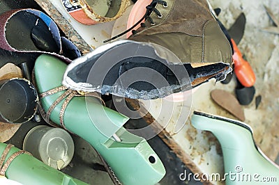 Handmade manufacture of footwear.Unfinished boot Stock Photo
