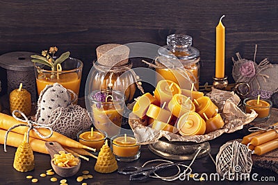 Handmade natural beeswax candles Stock Photo
