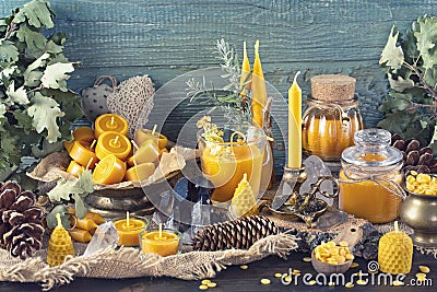 Handmade natural beeswax candles Stock Photo