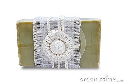 Handmade, natural organic olive oil soap isolated on white. Spa bath accessories, feminine care products. Hygiene concept photo. H Stock Photo