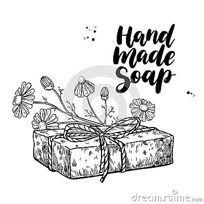 Handmade natural soap. Vector hand drawn illustration of organic cosmetic with chamomile medical flowers Vector Illustration