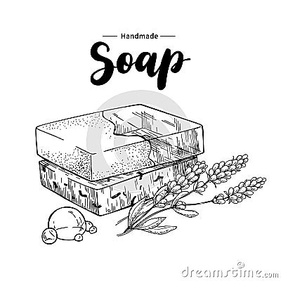 Handmade natural soap. Vector hand drawn illustration of organic cosmetic with lavender medical flowers. Vector Illustration