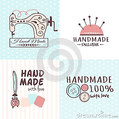 Handmade needlework craft badges sewing banners fashion tailoring tailor handicraft elements vector illustration. Vector Illustration