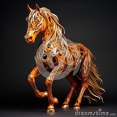 Handmade Orange Wood Stallion: A Liquid Metal Art Piece Stock Photo