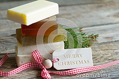 Handmade organic soap ornament with fir tree abstract cosmetic christmas background Stock Photo