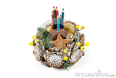 Handmade original stand for pencils and pens as a gift for Christmas or New Year`s holiday Stock Photo