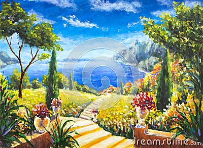 Handmade painting Beautiful summer landscape, road to the ocean, Vases with flowers, large green trees against the blue ocean, mou Cartoon Illustration