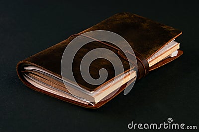 Handmade paper diary notebook in brown leather cover Stock Photo