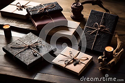 Handmade DIY paper products with dark leather and craft accessories Stock Photo