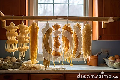 handmade pasta drying on a rack Stock Photo