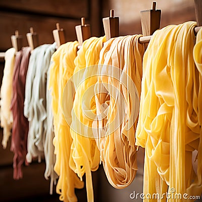 Handmade Pasta Drying on Wooden Racks. Traditional Italian food, Italian pasta in making. The process of drying raw fresh pasta. Stock Photo