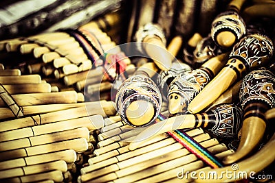 Handmade peruvian maracas in local market Stock Photo