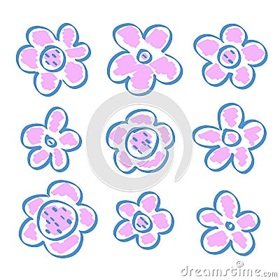Handmade pink and blue flowers in different styles. Vector Illustration