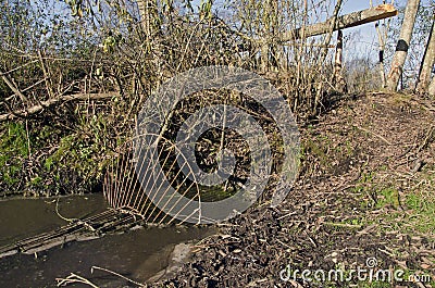 Handmade poacher trap for european beaver in river Stock Photo