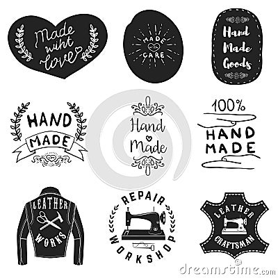 Handmade products labels. Leather workshop emblems. Design eleme Vector Illustration