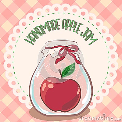 Handmade red apple jam jar on lace doily label and gingham tablecloth. Vector illustration, eps 10. Jam label template for package Vector Illustration