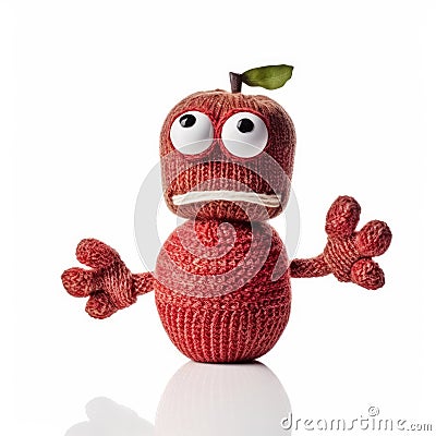 Handmade red apple scared in baby handsock toy with funny face. Generative AI Stock Photo