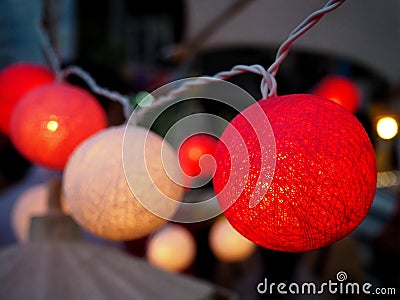 Handmade Red and White Cotton Ball String Lights Stock Photo