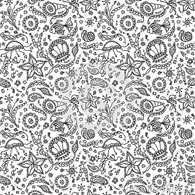 Handmade seamless pattern or background with abstract marine world in black white for coloring page Vector Illustration