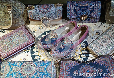 handmade slippers and reticules, purses, handbags east style Stock Photo