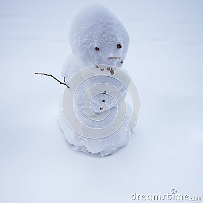 Handmade snowman in snow Stock Photo