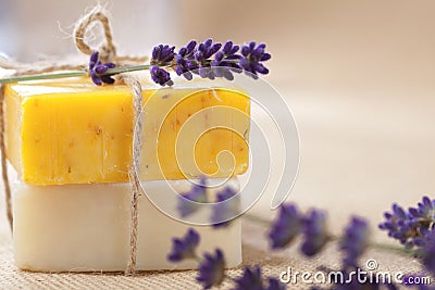 Handmade soap bars with lavender flowers Stock Photo