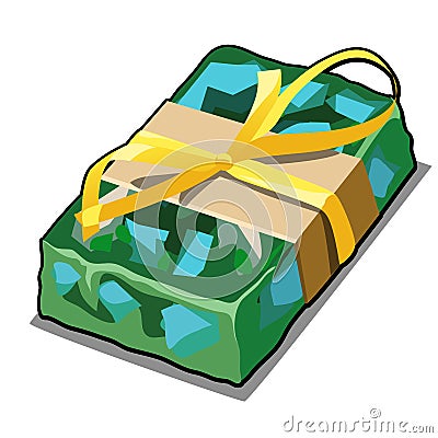 Handmade soap green with splashes of blue pieces. Cartoon gift in the military paratrooper style with yellow ribbon bow Vector Illustration