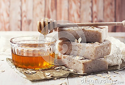 Handmade soap with honey and oatmeal. Stock Photo