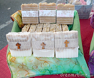 Handmade soaps at a Farmer`s Market, Christian label Editorial Stock Photo
