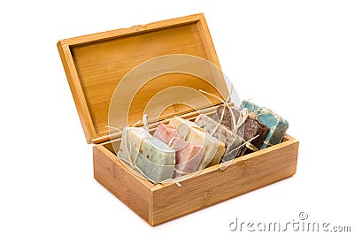 Handmade soaps in wooden box Stock Photo