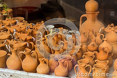 Clay vases, jugs and pots. Rethymno, Crete, Greece Stock Photo