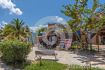 Handmade souvenir stand with various oroducts, Mahahual, Costa Maya, Mexico Stock Photo