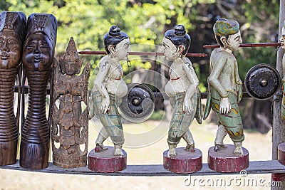 Handmade souvenirs in a tourist stall on the street market near Inle Lake in Burma, Myanmar. Close up Stock Photo