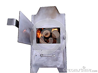 Handmade stainless steel wood stove with open oven door, burning firewood inside. Isolated on white background. Stock Photo