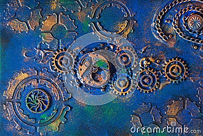 Handmade steampunk background mechanical cogs wheels clockwork Stock Photo