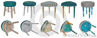 Handmade stool in various designs and colors. Triangular and round shapes of seats. Stock Photo