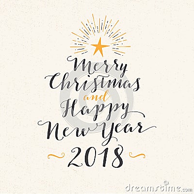 Handmade style greeting card - Merry Christmas and Happy New Year 2018. Vector Illustration