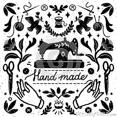 Handmade symmetric vector composition - vintage elements in stamp style and sewing machine with hand made lettering Vector Illustration