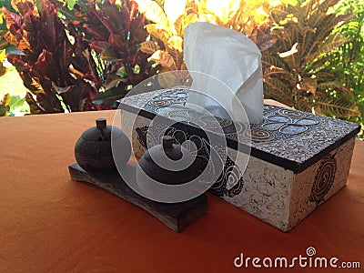 Handmade tissue box and kitchen utensil on the table Stock Photo